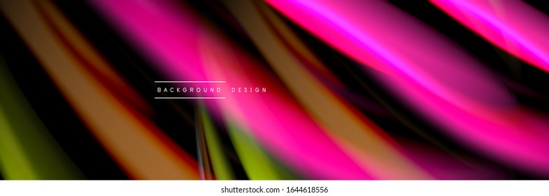Silk and smooth flow wave poster design. Color waves, liquid style lines and shapes in black color background. Vector Illustration For Wallpaper, Banner, Background, Card, Book, Illustration, landing