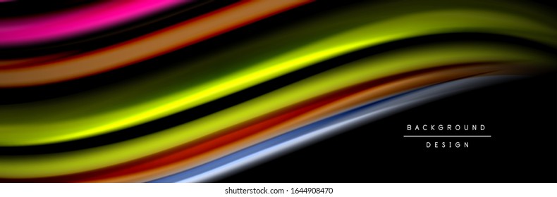 Silk and smooth flow wave poster design. Color waves, liquid style lines and shapes in black color background. Vector Illustration For Wallpaper, Banner, Background, Card, Book, Illustration, landing