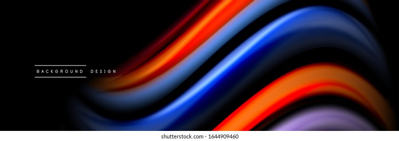 Silk and smooth flow wave poster design. Color waves, liquid style lines and shapes in black color background. Vector Illustration For Wallpaper, Banner, Background, Card, Book, Illustration, landing