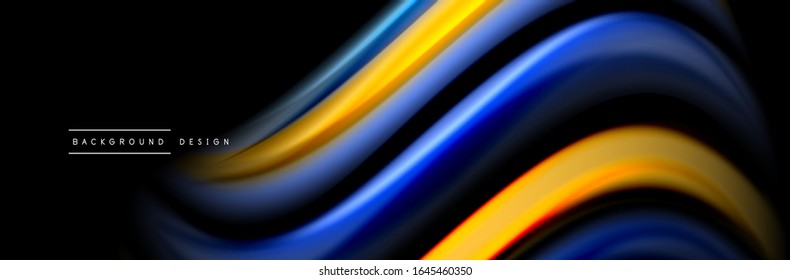 Silk and smooth flow wave poster design. Color waves, liquid style lines and shapes in black color background. Vector Illustration For Wallpaper, Banner, Background, Card, Book, Illustration, landing