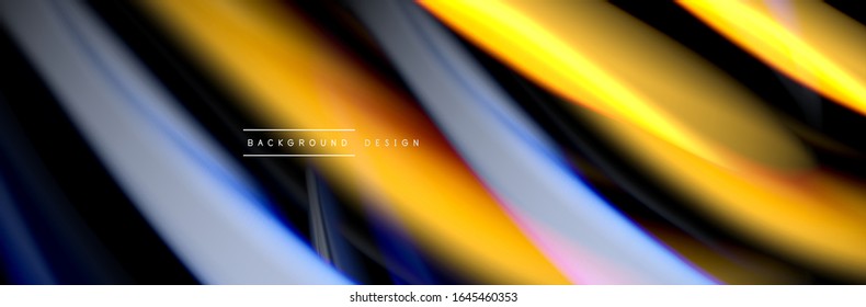 Silk and smooth flow wave poster design. Color waves, liquid style lines and shapes in black color background. Vector Illustration For Wallpaper, Banner, Background, Card, Book, Illustration, landing