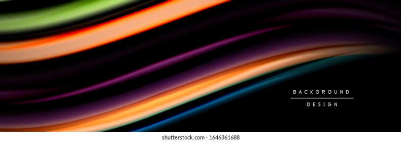 Silk and smooth flow wave poster design. Color waves, liquid style lines and shapes in black color background. Vector Illustration For Wallpaper, Banner, Background, Card, Book, Illustration, landing