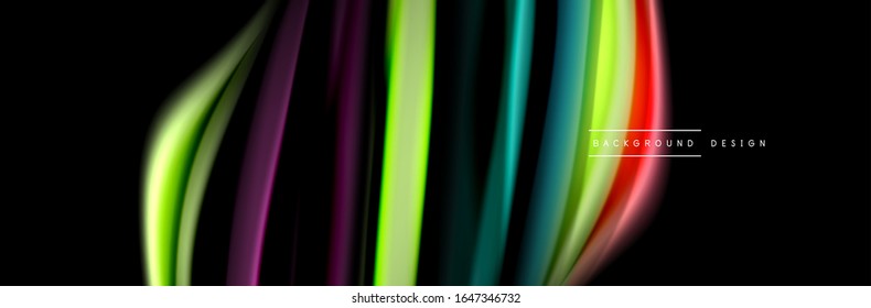 Silk and smooth flow wave poster design. Color waves, liquid style lines and shapes in black color background. Vector Illustration For Wallpaper, Banner, Background, Card, Book, Illustration, landing
