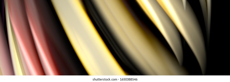 Silk and smooth flow wave poster design. Color waves, liquid style lines and shapes in black color background. Vector Illustration For Wallpaper, Banner, Background, Card, Book, Illustration, landing