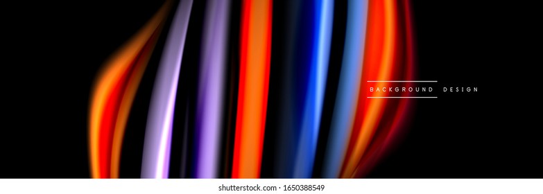 Silk and smooth flow wave poster design. Color waves, liquid style lines and shapes in black color background. Vector Illustration For Wallpaper, Banner, Background, Card, Book, Illustration, landing