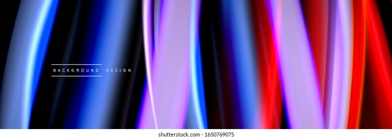 Silk and smooth flow wave poster design. Color waves, liquid style lines and shapes in black color background. Vector Illustration For Wallpaper, Banner, Background, Card, Book, Illustration, landing