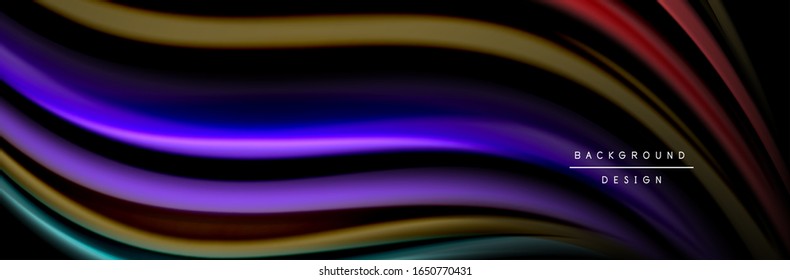 Silk and smooth flow wave poster design. Color waves, liquid style lines and shapes in black color background. Vector Illustration For Wallpaper, Banner, Background, Card, Book, Illustration, landing