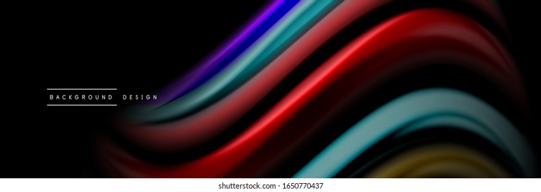 Silk and smooth flow wave poster design. Color waves, liquid style lines and shapes in black color background. Vector Illustration For Wallpaper, Banner, Background, Card, Book, Illustration, landing