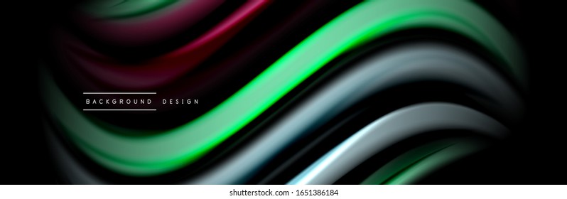 Silk and smooth flow wave poster design. Color waves, liquid style lines and shapes in black color background. Vector Illustration For Wallpaper, Banner, Background, Card, Book, Illustration, landing