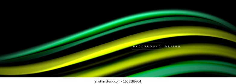 Silk and smooth flow wave poster design. Color waves, liquid style lines and shapes in black color background. Vector Illustration For Wallpaper, Banner, Background, Card, Book, Illustration, landing