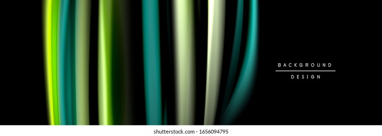 Silk and smooth flow wave poster design. Color waves, liquid style lines and shapes in black color background. Vector Illustration For Wallpaper, Banner, Background, Card, Book, Illustration, landing