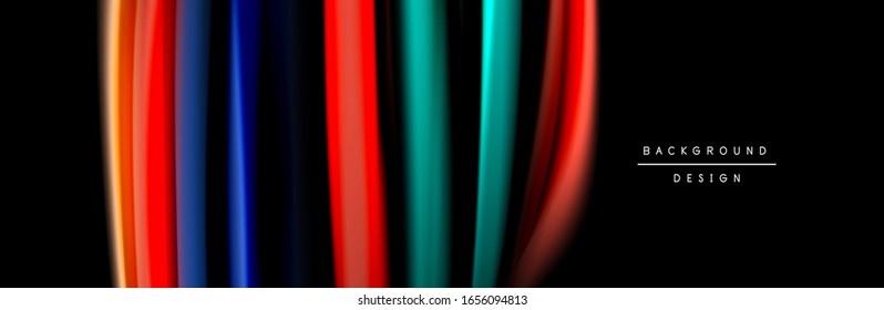Silk and smooth flow wave poster design. Color waves, liquid style lines and shapes in black color background. Vector Illustration For Wallpaper, Banner, Background, Card, Book, Illustration, landing