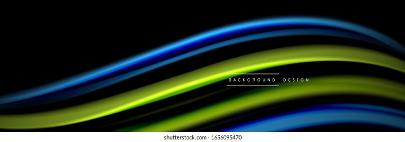 Silk and smooth flow wave poster design. Color waves, liquid style lines and shapes in black color background. Vector Illustration For Wallpaper, Banner, Background, Card, Book, Illustration, landing