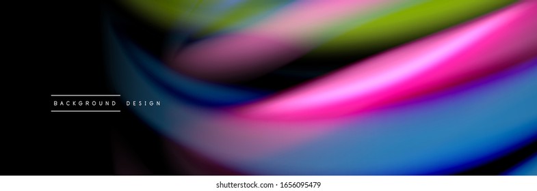 Silk and smooth flow wave poster design. Color waves, liquid style lines and shapes in black color background. Vector Illustration For Wallpaper, Banner, Background, Card, Book, Illustration, landing