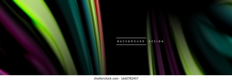 Silk and smooth flow wave poster design. Color waves, liquid style lines and shapes in black color background. Vector Illustration For Wallpaper, Banner, Background, Card, Book, Illustration, landing