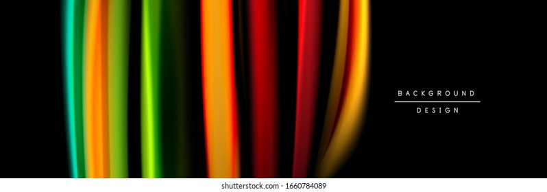 Silk and smooth flow wave poster design. Color waves, liquid style lines and shapes in black color background. Vector Illustration For Wallpaper, Banner, Background, Card, Book, Illustration, landing