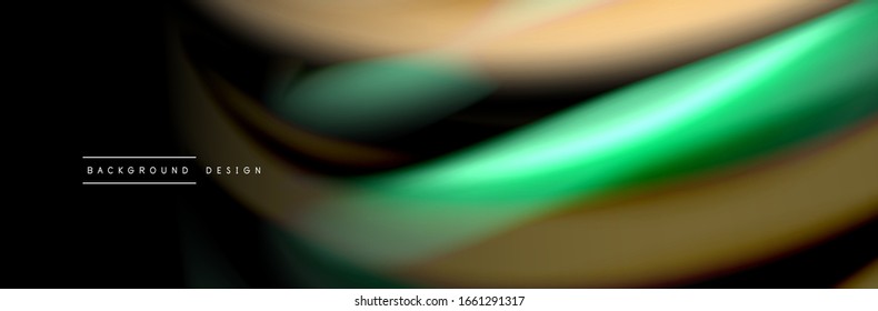 Silk and smooth flow wave poster design. Color waves, liquid style lines and shapes in black color background. Vector Illustration For Wallpaper, Banner, Background, Card, Book, Illustration, landing