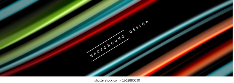 Silk and smooth flow wave poster design. Color waves, liquid style lines and shapes in black color background. Vector Illustration For Wallpaper, Banner, Background, Card, Book, Illustration, landing