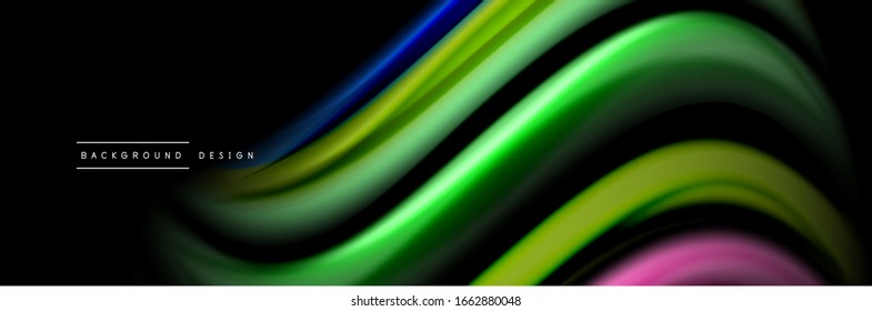 Silk and smooth flow wave poster design. Color waves, liquid style lines and shapes in black color background. Vector Illustration For Wallpaper, Banner, Background, Card, Book, Illustration, landing