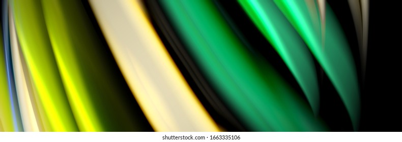 Silk and smooth flow wave poster design. Color waves, liquid style lines and shapes in black color background. Vector Illustration For Wallpaper, Banner, Background, Card, Book, Illustration, landing