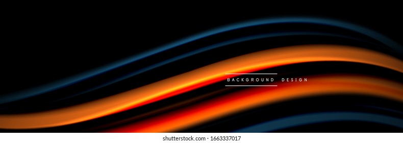 Silk and smooth flow wave poster design. Color waves, liquid style lines and shapes in black color background. Vector Illustration For Wallpaper, Banner, Background, Card, Book, Illustration, landing