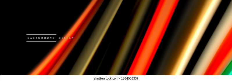 Silk and smooth flow wave poster design. Color waves, liquid style lines and shapes in black color background. Vector Illustration For Wallpaper, Banner, Background, Card, Book, Illustration, landing
