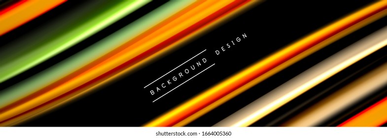 Silk and smooth flow wave poster design. Color waves, liquid style lines and shapes in black color background. Vector Illustration For Wallpaper, Banner, Background, Card, Book, Illustration, landing