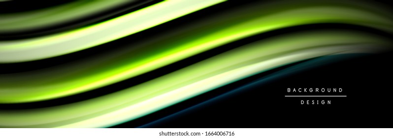Silk and smooth flow wave poster design. Color waves, liquid style lines and shapes in black color background. Vector Illustration For Wallpaper, Banner, Background, Card, Book, Illustration, landing