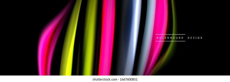 Silk and smooth flow wave poster design. Color waves, liquid style lines and shapes in black color background. Vector Illustration For Wallpaper, Banner, Background, Card, Book, Illustration, landing