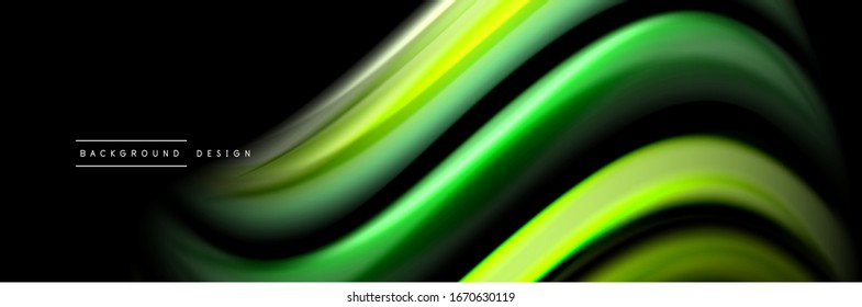 Silk and smooth flow wave poster design. Color waves, liquid style lines and shapes in black color background. Vector Illustration For Wallpaper, Banner, Background, Card, Book, Illustration, landing