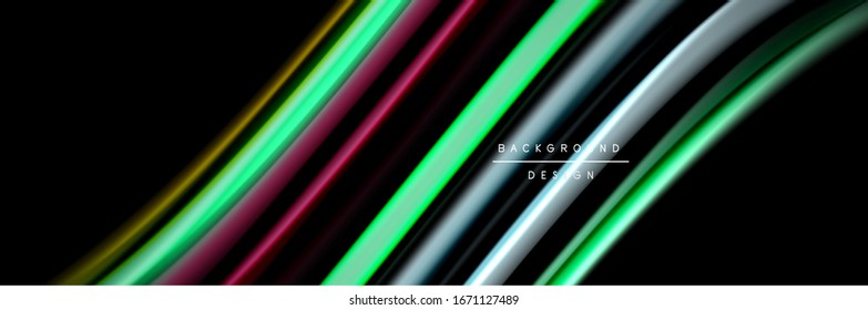 Silk and smooth flow wave poster design. Color waves, liquid style lines and shapes in black color background. Vector Illustration For Wallpaper, Banner, Background, Card, Book, Illustration, landing