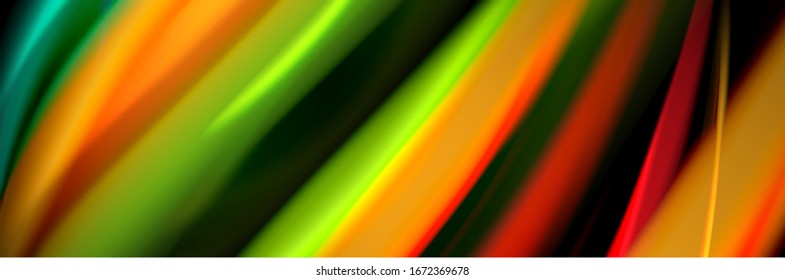 Silk and smooth flow wave poster design. Color waves, liquid style lines and shapes in black color background. Vector Illustration For Wallpaper, Banner, Background, Card, Book, Illustration, landing