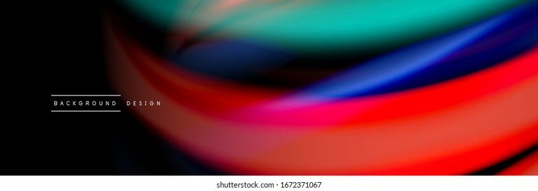 Silk and smooth flow wave poster design. Color waves, liquid style lines and shapes in black color background. Vector Illustration For Wallpaper, Banner, Background, Card, Book, Illustration, landing