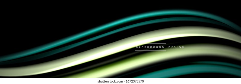 Silk and smooth flow wave poster design. Color waves, liquid style lines and shapes in black color background. Vector Illustration For Wallpaper, Banner, Background, Card, Book, Illustration, landing