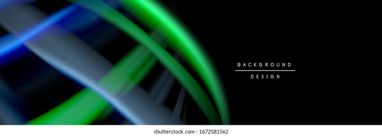 Seide und glatte Strömung Welle Poster Design. Farbwellen, flüssige Linien und Formen auf schwarzem Hintergrund. Vektorillustration-Illustration für Bildschirmhintergrund, Banner, Hintergrund, Karte, Buch, Illustration, Landung