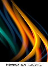 Silk smooth lines on black, liquid fluid color waves. Vector Illustration For Wallpaper, Banner, Background, Card, Book, Illustration, landing page, cover, placard, poster, banner, flyer, design