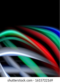 Silk smooth lines on black, liquid fluid color waves. Vector Illustration For Wallpaper, Banner, Background, Card, Book, Illustration, landing page, cover, placard, poster, banner, flyer, design