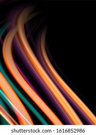 Silk smooth lines on black, liquid fluid color waves. Vector Illustration For Wallpaper, Banner, Background, Card, Book, Illustration, landing page, cover, placard, poster, banner, flyer, design