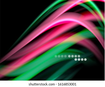 Silk smooth lines on black, liquid fluid color waves. Vector Illustration For Wallpaper, Banner, Background, Card, Book, Illustration, landing page, cover, placard, poster, banner, flyer, design