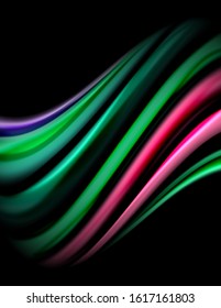 Silk smooth lines on black, liquid fluid color waves. Vector Illustration For Wallpaper, Banner, Background, Card, Book, Illustration, landing page, cover, placard, poster, banner, flyer, design