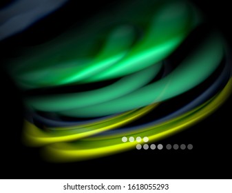 Silk smooth lines on black, liquid fluid color waves. Vector Illustration For Wallpaper, Banner, Background, Card, Book, Illustration, landing page, cover, placard, poster, banner, flyer, design