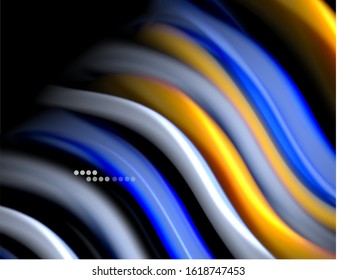 Silk smooth lines on black, liquid fluid color waves. Vector Illustration For Wallpaper, Banner, Background, Card, Book, Illustration, landing page, cover, placard, poster, banner, flyer, design