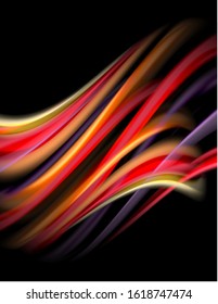 Seide glatte Linien auf schwarzen, flüssig fließenden Farbwellen. Vektorgrafik für Bildschirmhintergründe, Banner, Hintergrund, Karte, Buch, Illustration, Landungsseite, Abdeckung, Plakat, Plakat, Banner, Flyer, Design