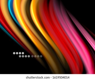 Silk smooth lines on black, liquid fluid color waves. Vector Illustration For Wallpaper, Banner, Background, Card, Book, Illustration, landing page, cover, placard, poster, banner, flyer, design