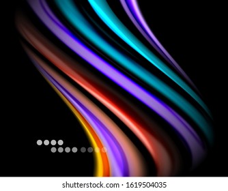 Silk smooth lines on black, liquid fluid color waves. Vector Illustration For Wallpaper, Banner, Background, Card, Book, Illustration, landing page, cover, placard, poster, banner, flyer, design