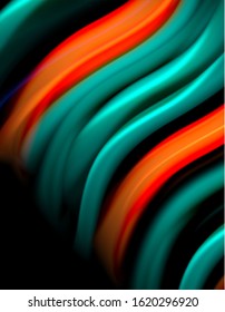 Silk smooth lines on black, liquid fluid color waves. Vector Illustration For Wallpaper, Banner, Background, Card, Book, Illustration, landing page, cover, placard, poster, banner, flyer, design