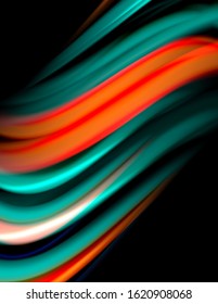 Silk smooth lines on black, liquid fluid color waves. Vector Illustration For Wallpaper, Banner, Background, Card, Book, Illustration, landing page, cover, placard, poster, banner, flyer, design
