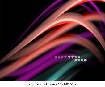 Silk smooth lines on black, liquid fluid color waves. Vector Illustration For Wallpaper, Banner, Background, Card, Book, Illustration, landing page, cover, placard, poster, banner, flyer, design