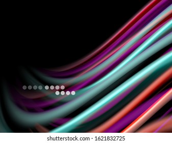 Silk smooth lines on black, liquid fluid color waves. Vector Illustration For Wallpaper, Banner, Background, Card, Book, Illustration, landing page, cover, placard, poster, banner, flyer, design