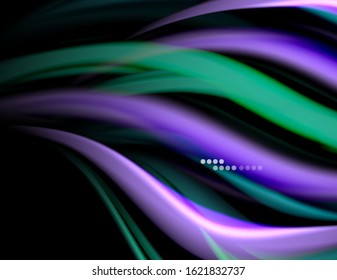 Silk smooth lines on black, liquid fluid color waves. Vector Illustration For Wallpaper, Banner, Background, Card, Book, Illustration, landing page, cover, placard, poster, banner, flyer, design
